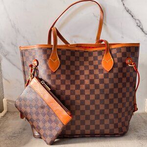 Faux Leather Checkered Tote Bag with Mini Wristlet